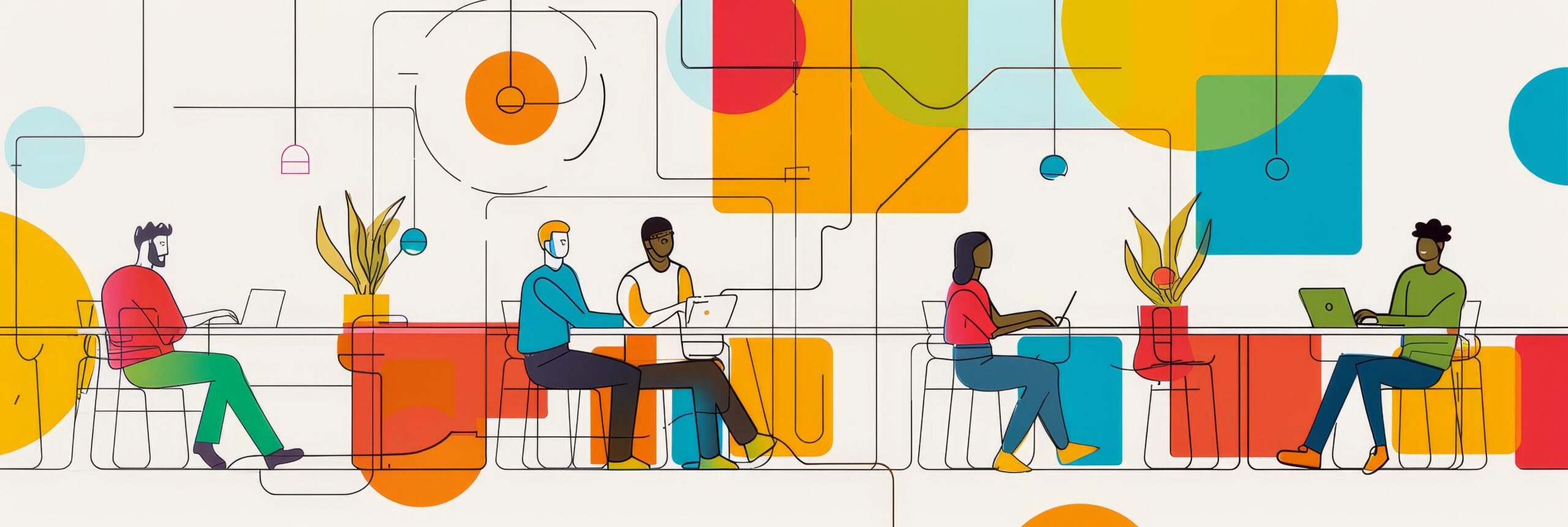 A vibrant illustration depicting a collaborative workspace with diverse individuals working together.
